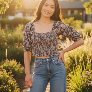 NWT MATA TRADERS Theodora Smock Top Blouse In Birch Blossom Hand Print Batik L
